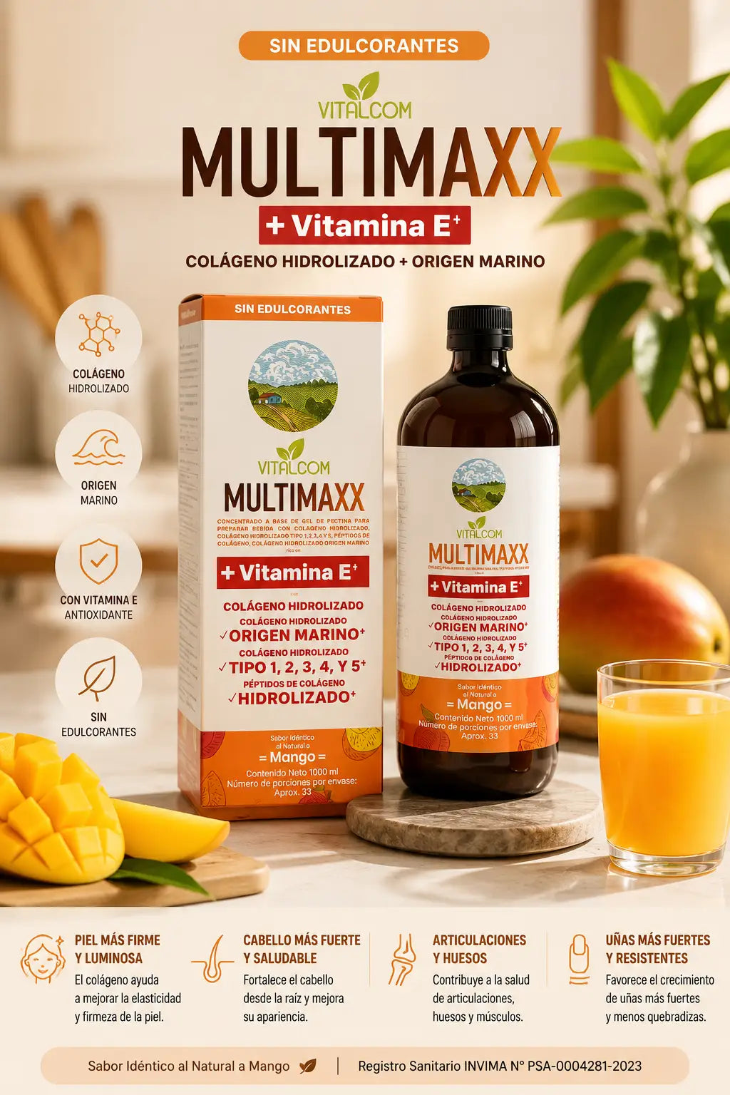 MULTIMAXX + Vitamina E + Colágeno Marino Líquido sabor Mango 1.000 ml
