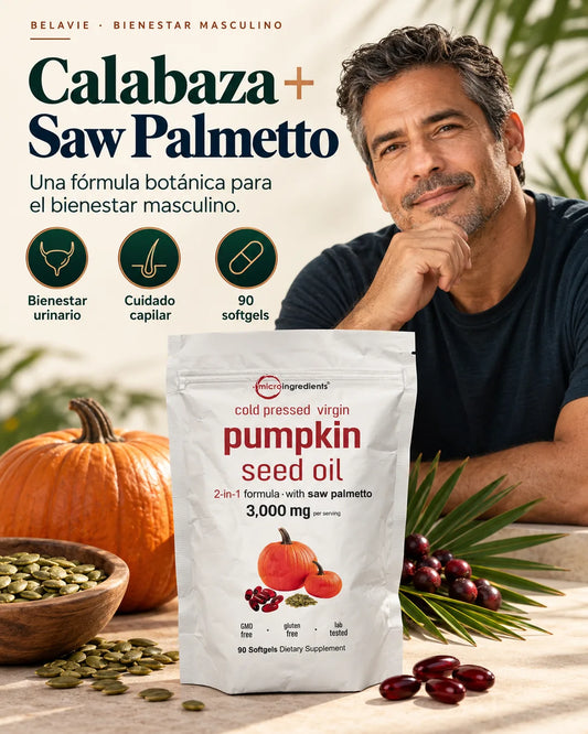 Bolsa original Micro Ingredients Pumpkin Seed Oil con Saw Palmetto x 90 softgels y hombre adulto latino