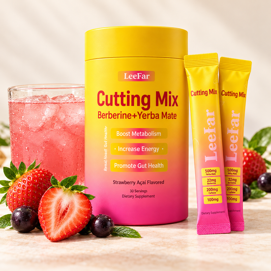 Cutting Mix LeeFar con sachets individuales, bebida sabor fresa-açaí y fresas